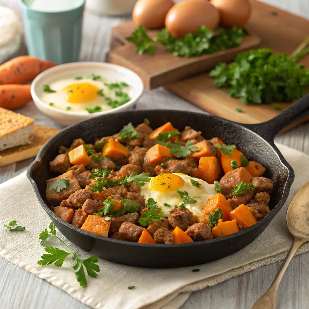 Leftover sausage and sweet potato breakfast hash in skillet