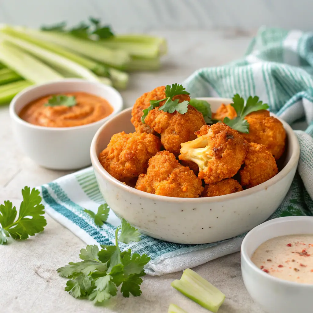 Spicy buffalo cauliflower bites served with yogurt dip — a crunchy, satisfying snack for Zepbound weight loss plans.