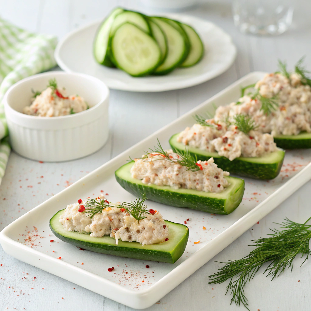 Cucumber boats filled with creamy tuna salad, garnished with herbs — a light and protein-packed snack perfect for Zepbound.
