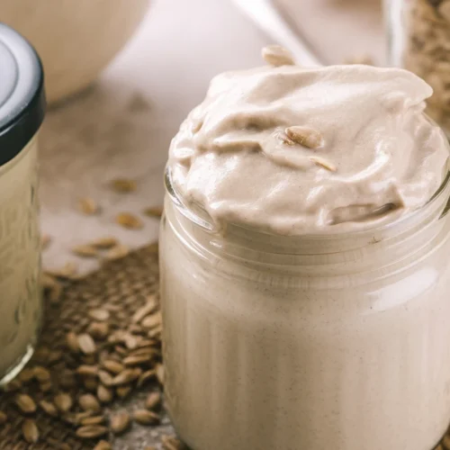 Vegan sunflower seed mayonnaise recipe ingredients and preparation steps.