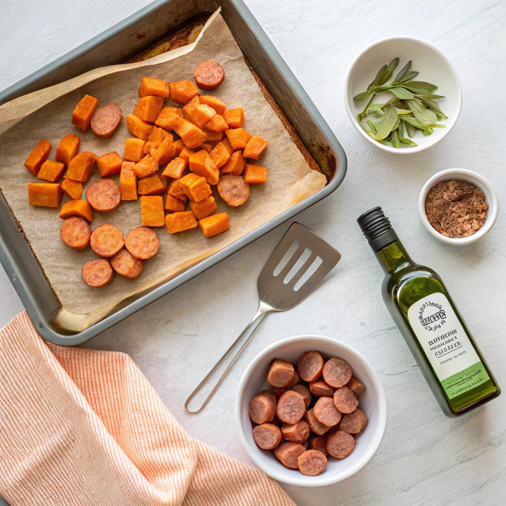 Prepping sheet pan with sausage and sweet potatoes