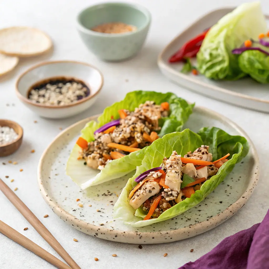 Turkey lettuce wraps filled with seasoned ground turkey and shredded vegetables — a crisp and refreshing Zepbound lunch idea.