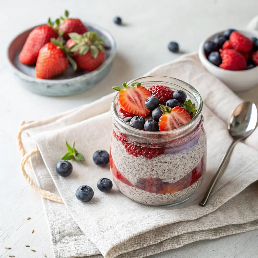 Berry chia pudding topped with strawberries and blueberries — a naturally sweet, fiber-rich treat for Zepbound users.