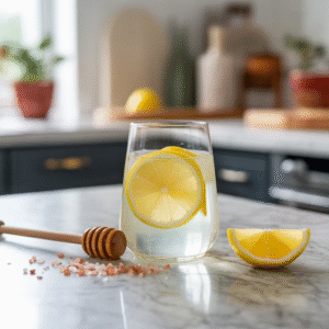 Refreshing glass of pink salt and lemon drink for hydration and detox