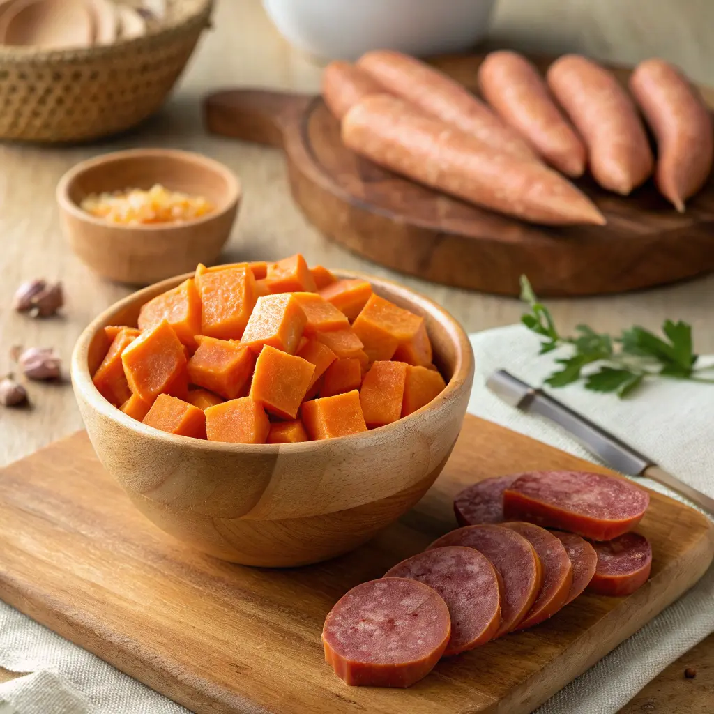 Raw sweet potatoes and sausage on a cutting board