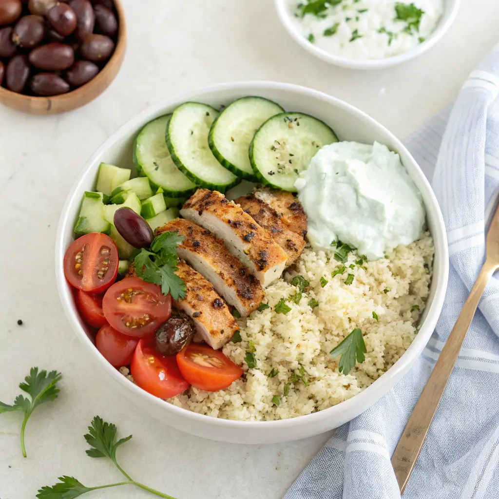 Low-carb Greek chicken bowl with grilled chicken, cauliflower rice, cucumbers, olives, and tzatziki — a flavorful Zepbound dinner.