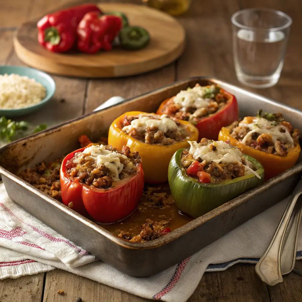 Stuffed bell peppers filled with lean turkey and vegetables — a hearty, low-carb dinner for Zepbound meal planning.