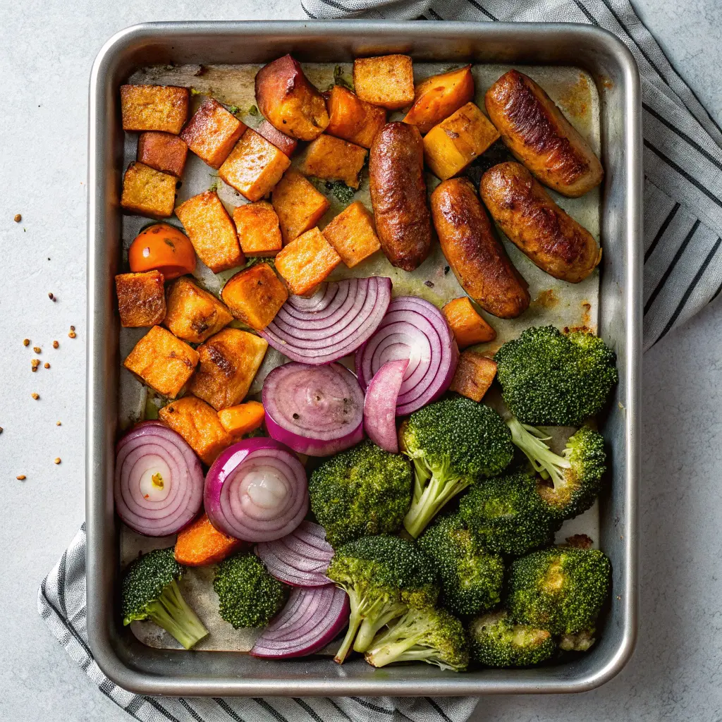 Sheet pan dinner halfway roasted with sausage and vegetables