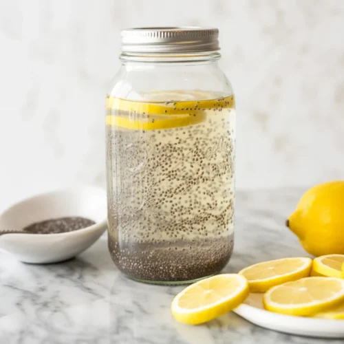 Chia seed water recipe with seeds, water, and lemon slices in a mason jar.