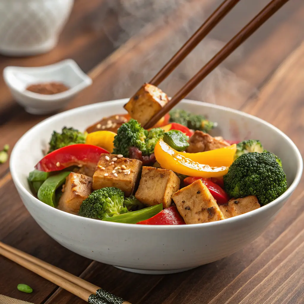 Colorful tofu stir fry with bell peppers and broccoli — a plant-based Zepbound recipe high in fiber and protein.