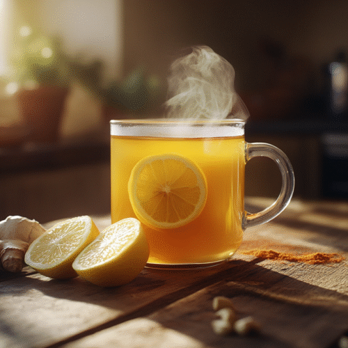 Steaming mug of lemon bomb tea with lemon slices, ginger, and cayenne on a rustic wooden table