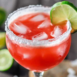 Refreshing strawberry margarita served on the rocks with fresh strawberries and lime.