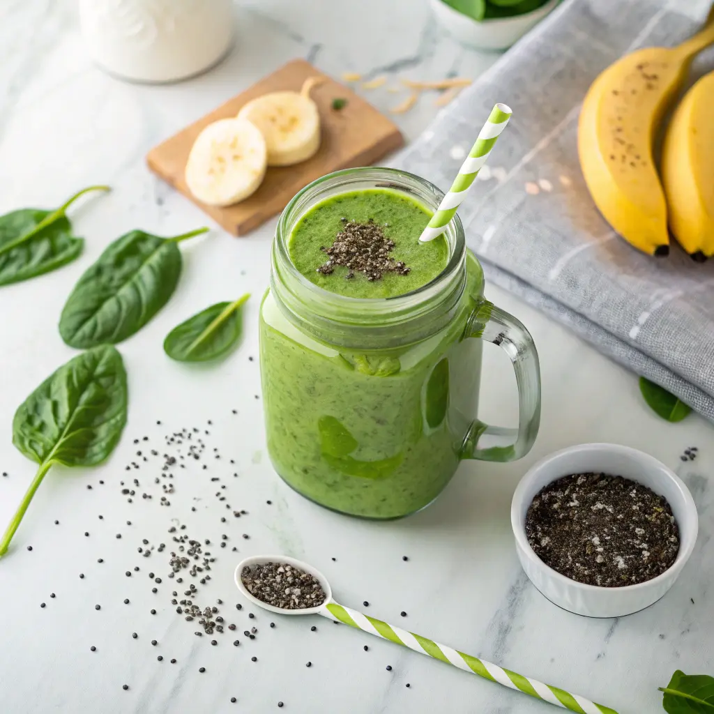 Green protein smoothie made with spinach, banana, and chia seeds — a light, energizing Zepbound-friendly breakfast.